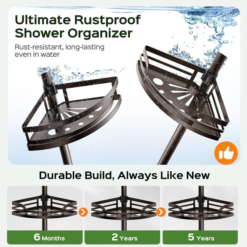 HAMITOR Shower Caddy Tension Pole: Rustproof Bathroom Corner Shelf for Renters, 47-121 inches Adjustable Organizer with Soap Holder-Large Capacity Rack for Shampoo Storage Home Accessory- Bronze - Image 3